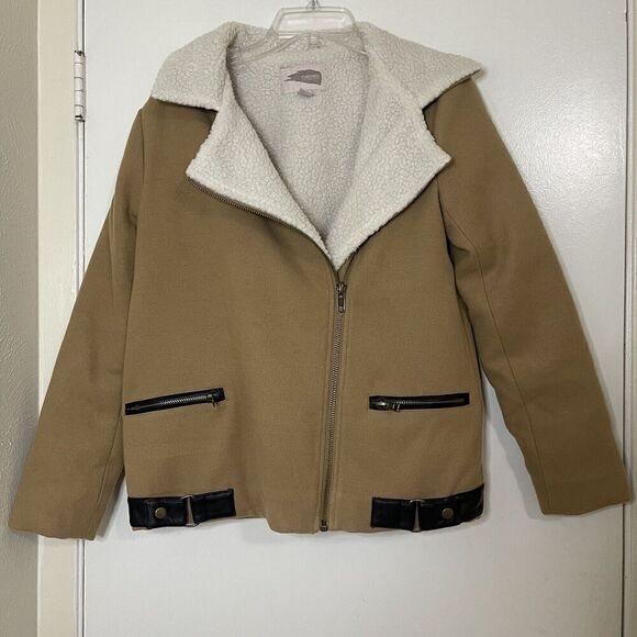 Forever 21 aviator style tan brown sherpa full zip coat size small - Picture 1 of 6